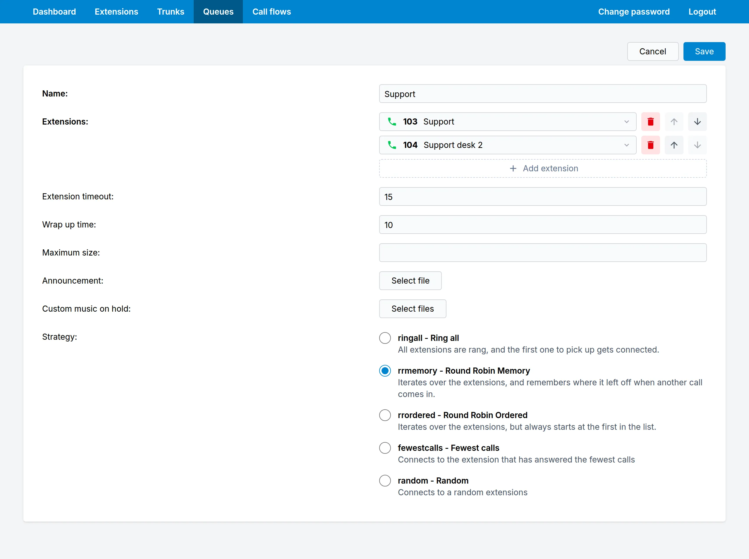 Queues: Pick the extensions, the order they ring in and how long each one gets.